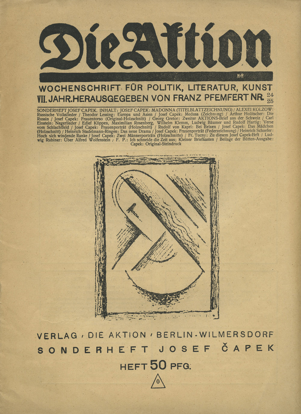 Obálka zvláštního čísla revue Die Aktion, věnovaného Josefu Čapkovi, 1917